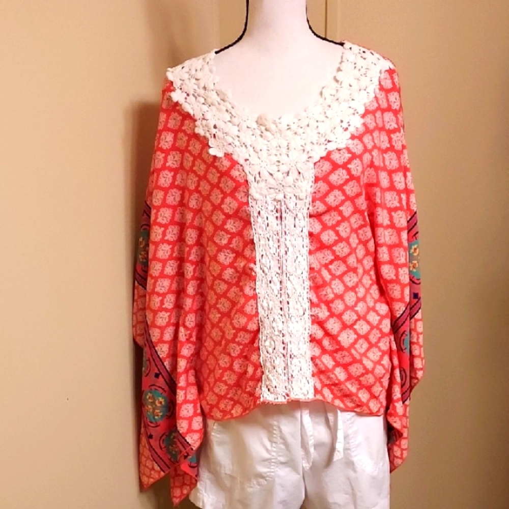 Poema Coral and White Lace Boho Top